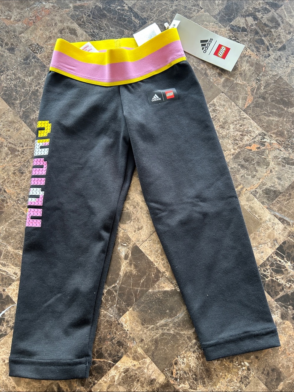 NWT 🆕 adidas x Lego Girls Leggings with Yellow and Pink Waistband size 2T